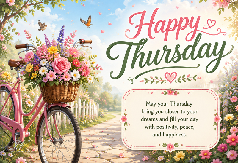 Happy Thursday Bicycle Flowers Dreams Positivity Peace Greeting