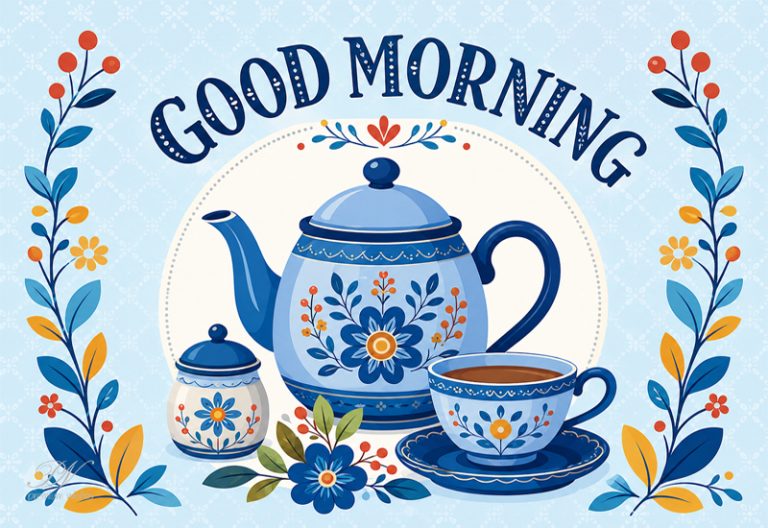 Good Morning Blue Teapot Floral Greeting Image Good Morning Blue Teapot Floral Greeting Image