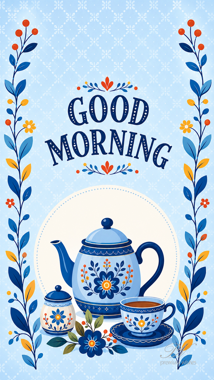 Good Morning Blue Teapot Floral Greeting Image