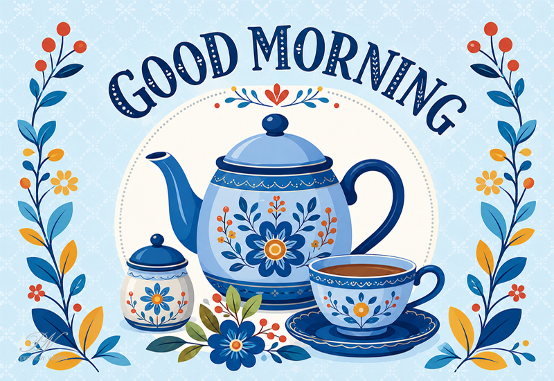 Good Morning Blue Teapot Floral Greeting Image Good Morning Blue Teapot Floral Greeting Image