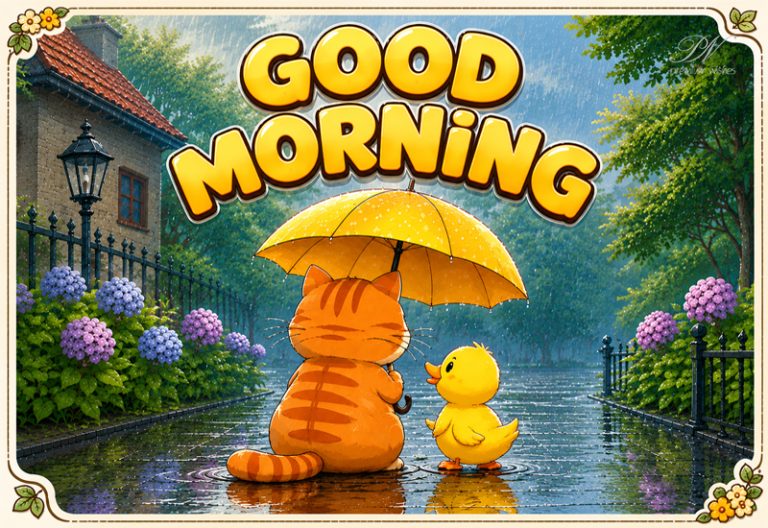 Good Morning – Cute Rainy Day Cat and Duckling Greeting