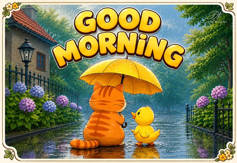 Good Morning – Cute Rainy Day Cat and Duckling Greeting Good Morning – Cute Rainy Day Cat and Duckling Greeting
