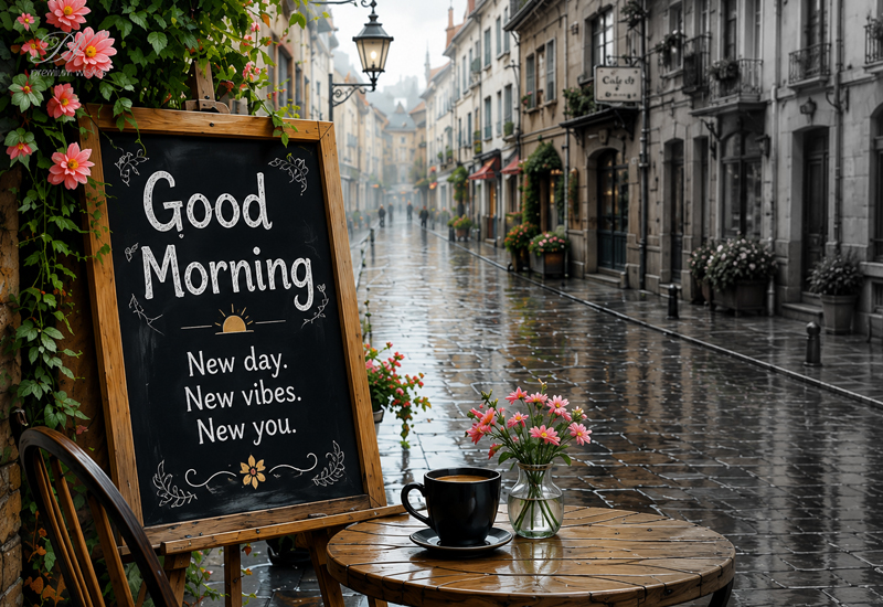 Good Morning Rainy Street New Day New Vibes New You Greeting