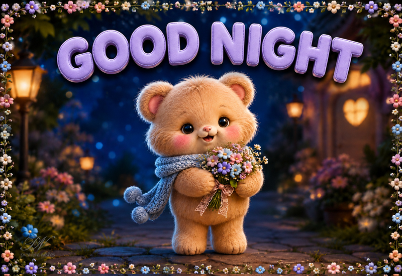 Good Night – Cute Teddy Bear With Flowers Greeting Good Night – Cute Teddy Bear With Flowers Greeting