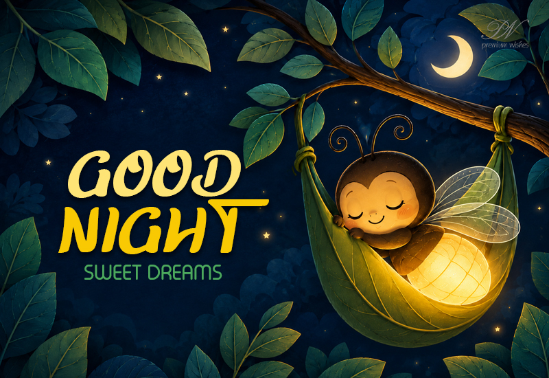 Good Night Sweet Dreams – Cute Firefly Leaf Hammock Greeting