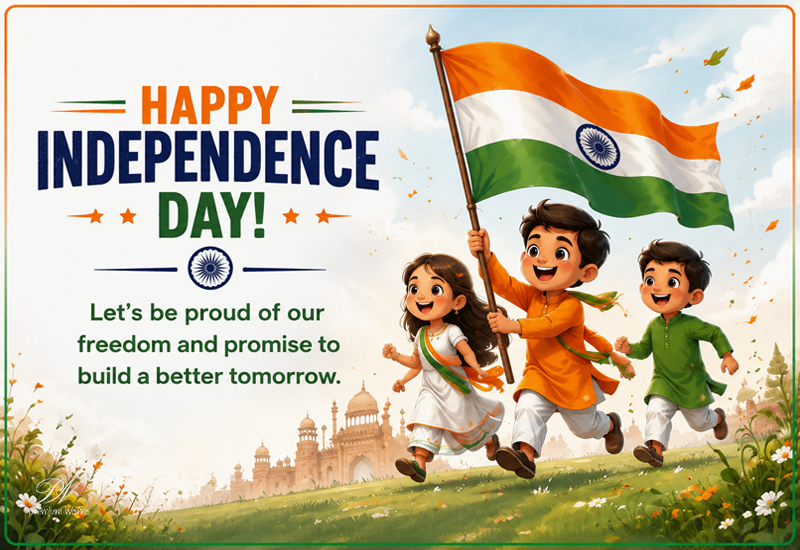 Happy Independence Day Children Running with Indian Flag Greeting Happy Independence Day Children Running with Indian Flag Greeting