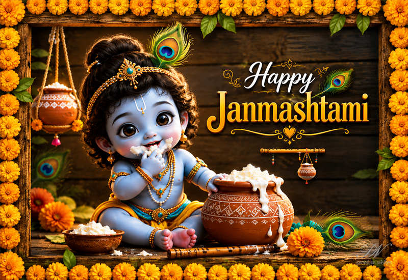 Happy Janmashtami – Adorable Baby Krishna Butter Pot Greeting Happy Janmashtami – Adorable Baby Krishna Butter Pot Greeting