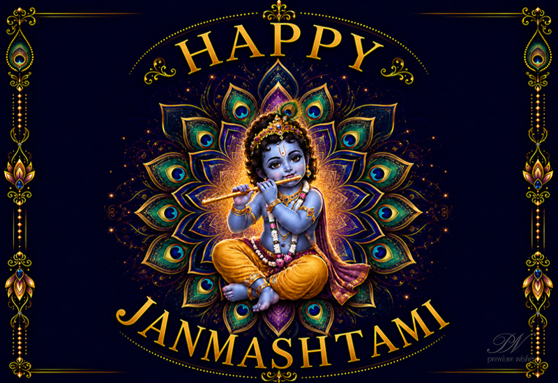 Happy Janmashtami – Baby Krishna Peacock Mandala Greeting Happy Janmashtami – Baby Krishna Peacock Mandala Greeting
