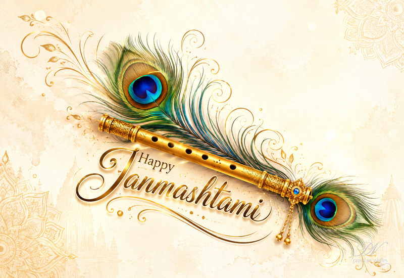 Happy Janmashtami – Golden Flute and Peacock Feather Greeting Happy Janmashtami – Golden Flute and Peacock Feather Greeting