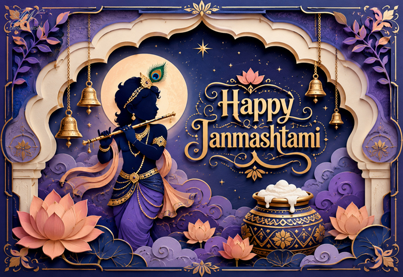 Happy Janmashtami – Lord Krishna Flute and Lotus Greeting Happy Janmashtami – Lord Krishna Flute and Lotus Greeting