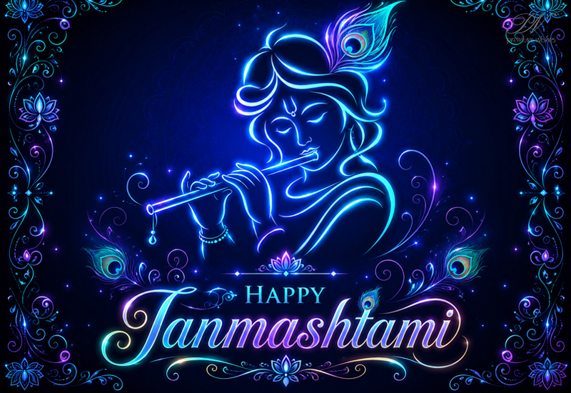 Happy Janmashtami – Neon Krishna Flute Greeting