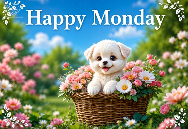 Happy Monday Cute Puppy Flower Basket Greeting