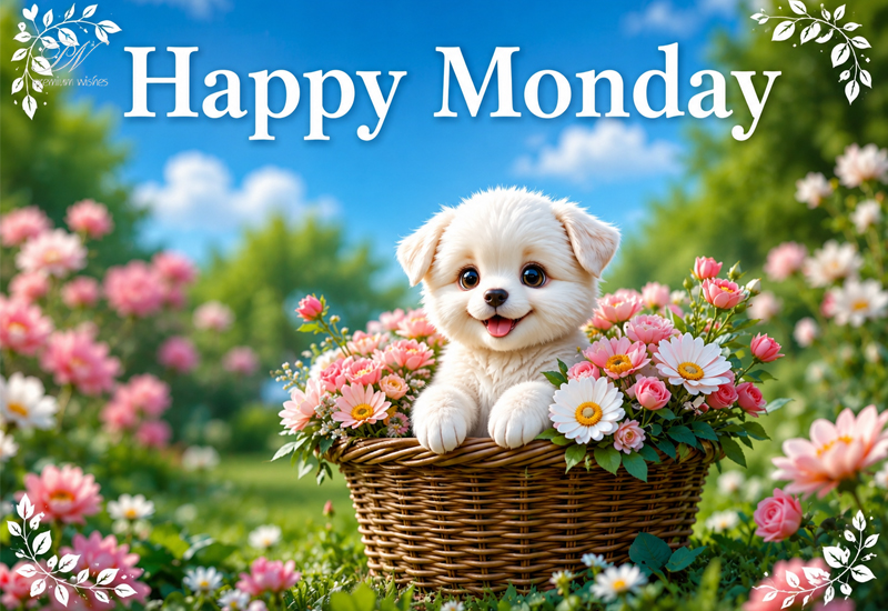 Happy Monday Cute Puppy Flower Basket Greeting Happy Monday Cute Puppy Flower Basket Greeting