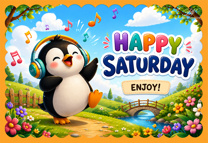 Happy Saturday Penguin Headphones Enjoy Weekend Greeting Happy Saturday Penguin Headphones Enjoy Weekend Greeting