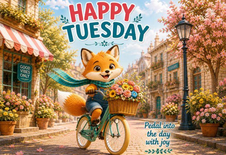Happy Tuesday Fox Bicycle Pedal Into the Day With Joy Greeting