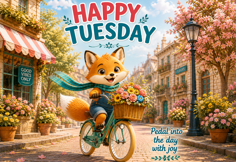 Happy Tuesday Fox Bicycle Pedal Into the Day With Joy Greeting Happy Tuesday Fox Bicycle Pedal Into the Day With Joy Greeting