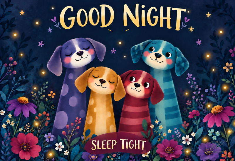 Good Night – Sleep Tight Cute Puppies Floral Greeting Good Night – Sleep Tight Cute Puppies Floral Greeting