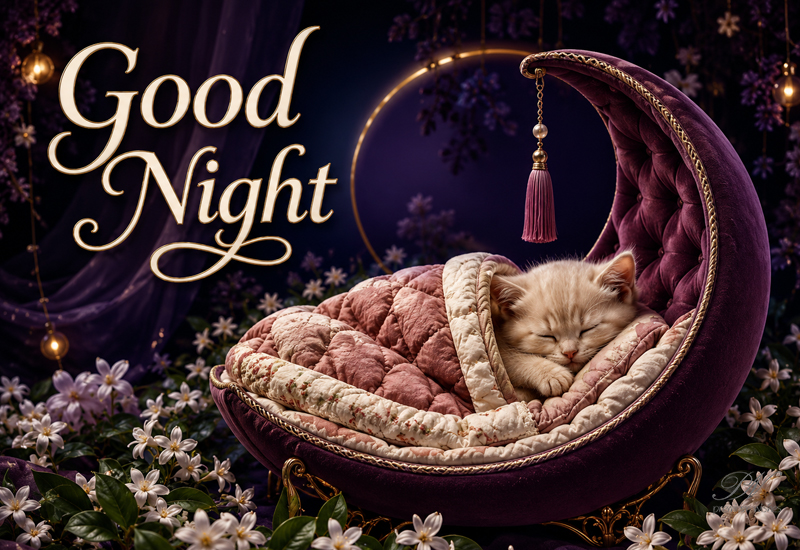 Good Night – Cute Sleeping Kitten Moon Chair Greeting