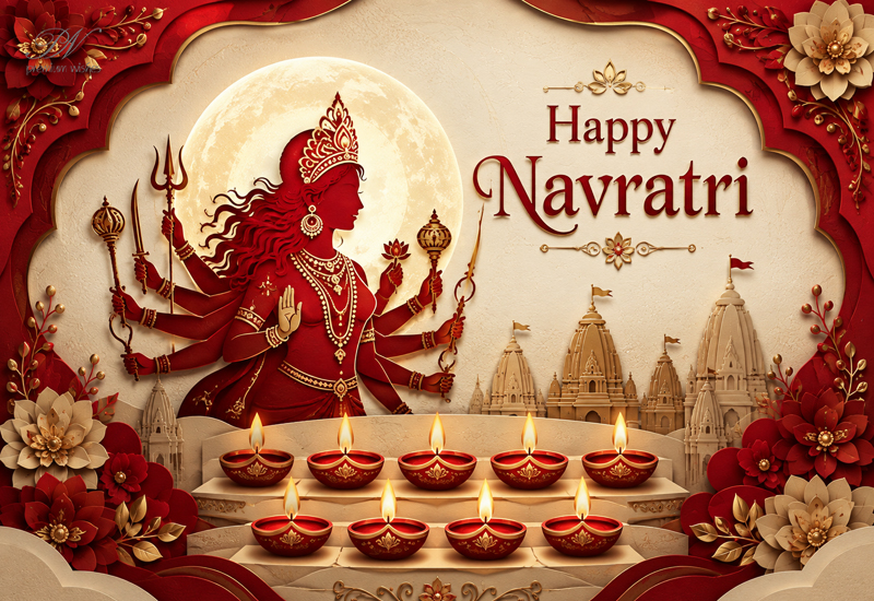 Happy Navratri – Maa Durga and Diya Festival Greeting