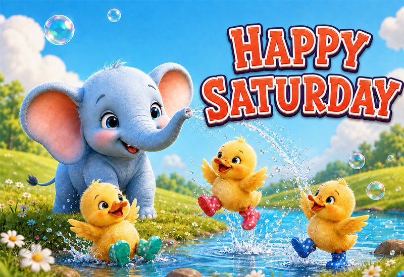 Happy Saturday – Cute Elephant and Ducklings Fun Greeting