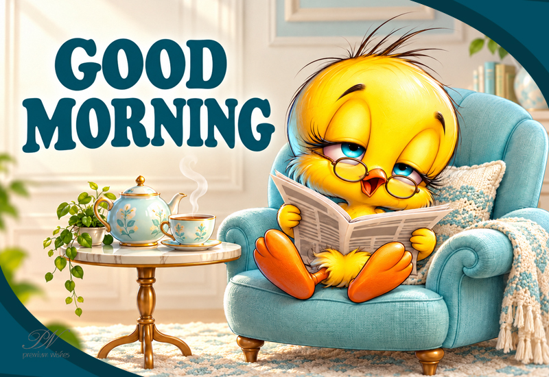 Good Morning Cute Bird Newspaper Tea Greeting Good Morning Cute Bird Newspaper Tea Greeting