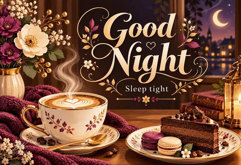 Good Night Coffee and Cake Greeting – Peaceful Night Wishes