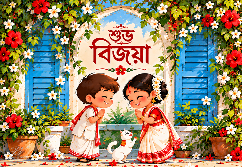Shubho Bijoya Bengali Durga Puja Greeting with Kids
